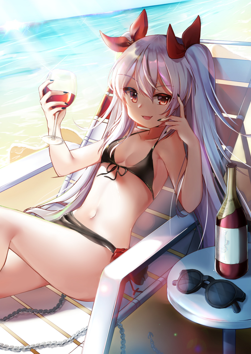 :d absurdres alternate_costume azur_lane bangs bare_shoulders beach bikini black_bikini black_nails blue_sky blush bottle breasts chain chair cleavage cloud collarbone commentary_request cup day drinking_glass eyebrows_visible_through_hair eyewear_removed fang fingernails front-tie_top hair_between_eyes hair_ornament hair_ribbon hand_on_own_face highres holding holding_cup knee_up long_hair looking_at_viewer lounge_chair nail_polish navel ocean open_mouth outdoors red_eyes red_ribbon ribbon sand shade sidelocks silver_hair sky small_breasts smile solo sparkle stomach sunglasses sunlight swimsuit table tail thighs twintails vampire_(azur_lane) very_long_hair wine_bottle wine_glass yukkurin