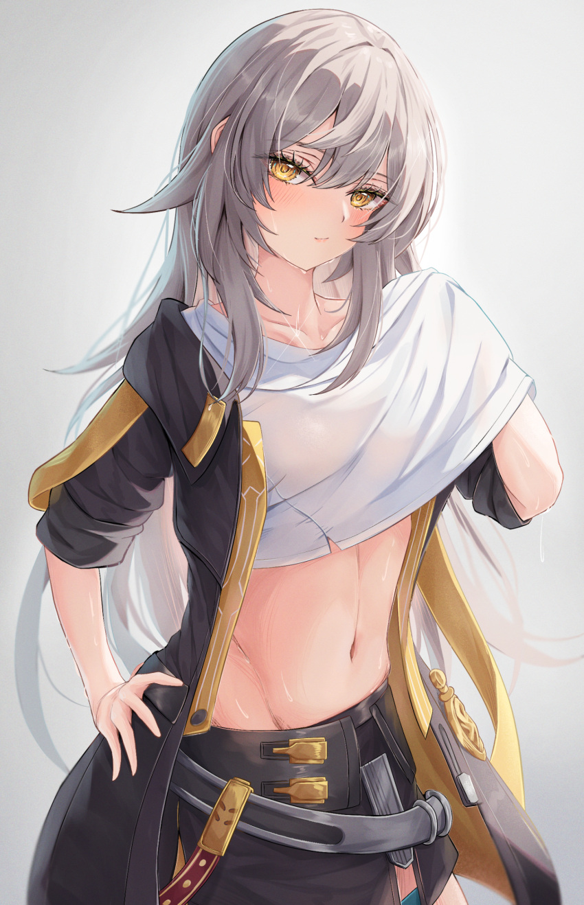 1girl absurdres black_jacket black_skirt clothes_lift collarbone commentary_request cowboy_shot grey_background grey_hair hand_on_own_hip highres honkai:_star_rail honkai_(series) jacket lifted_by_self long_hair looking_at_viewer midriff miniskirt navel open_clothes open_jacket pennosuke shirt_lift short_sleeves skirt solo standing stelle_(honkai:_star_rail) stomach trailblazer_(honkai:_star_rail) yellow_eyes