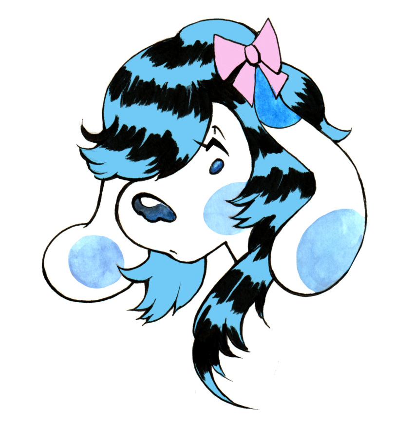 2023 accessory alternative_fashion anthro black_hair blue's_clues blue_(blue's_clues) blue_body blue_eyes blue_fur blue_hair bow_ribbon canid canine canis coontail_hair domestic_dog eyelashes female fur hair hair_accessory hair_bow hair_ribbon headshot_portrait hi_res mammal markings multicolored_hair nickelodeon portrait remy_boydell ribbons scene_(fashion) simple_background solo spots spotted_body spotted_fur traditional_media_(artwork) white_background