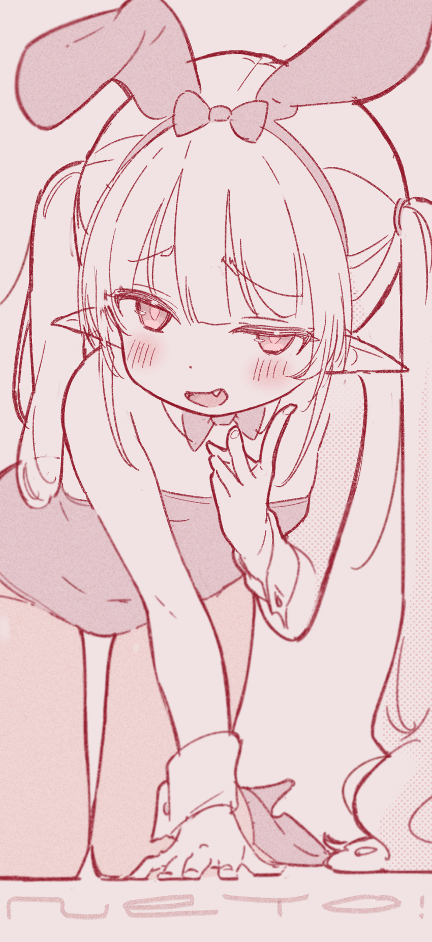 1girl absurdres all_fours animal_ears bare_shoulders blush bow bowtie brown_background commentary copyright_request fake_animal_ears fang hair_bow hairband hand_to_own_mouth hand_up highres jigatei_(omijin) leotard long_hair monochrome pantyhose pointy_ears rabbit_ears romaji_text simple_background smug solo strapless strapless_leotard symbol-only_commentary twintails very_long_hair wrist_cuffs