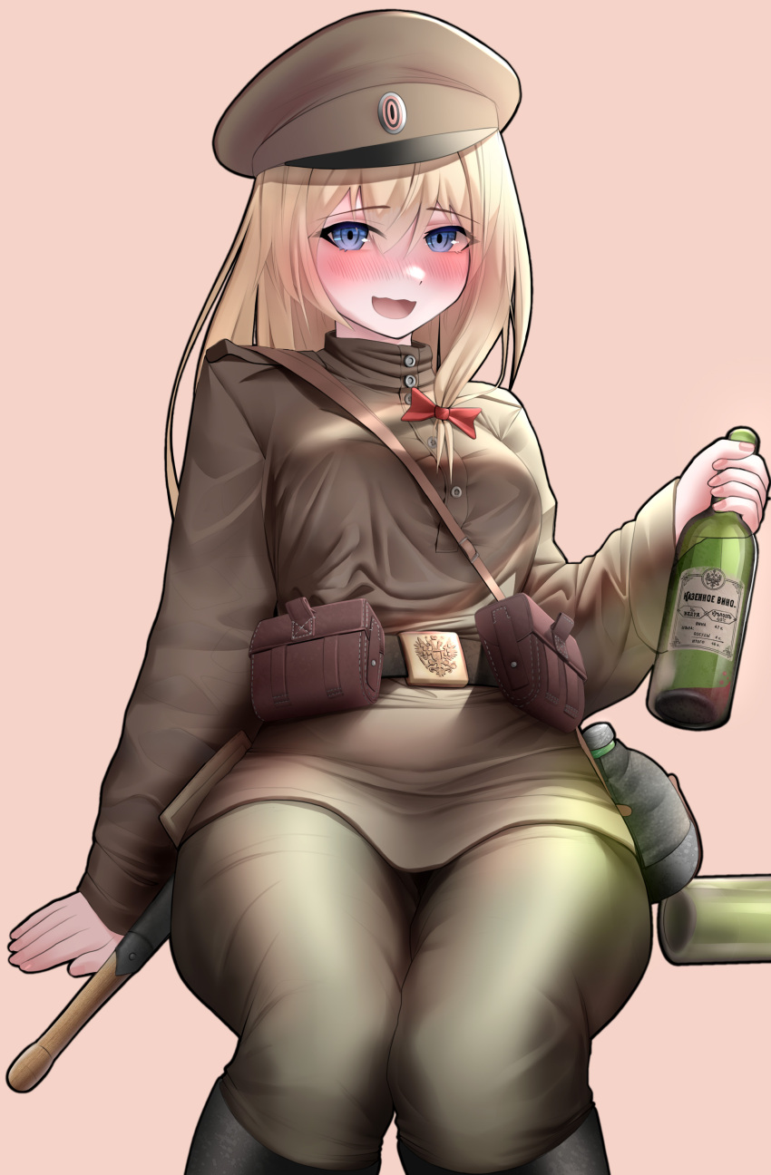 1girl absurdres ammunition_pouch baton_(weapon) belt blonde_hair blue_hair blush boots bottle bow brown_shirt canteen drunk girls'_frontline glass_bottle hair_bow hand_on_chair hat highres holding holding_bottle looking_at_viewer military_hat military_uniform mosin-nagant_(girls'_frontline) neptune_zx pouch red_bow russian_clothes shirt sitting solo uniform wariza weapon