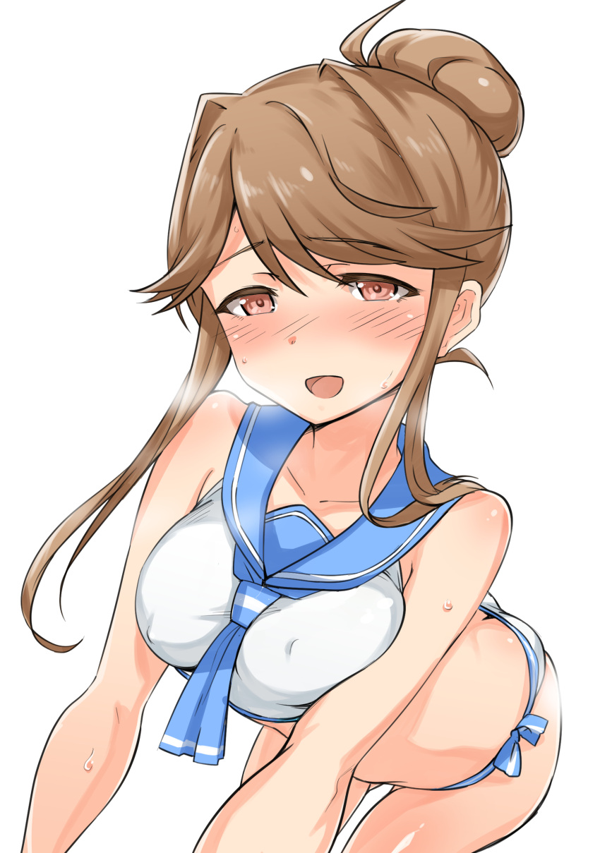 1girl absurdres bare_shoulders bikini blue_neckerchief blue_sailor_collar blush breasts brown_eyes brown_hair collarbone covered_nipples from_above hair_bun heavy_breathing highres idolmaster idolmaster_million_live! idolmaster_million_live!_theater_days long_hair looking_at_viewer medium_breasts neckerchief open_mouth sailor_bikini sailor_collar sailor_swimsuit_(idolmaster) side-tie_bikini_bottom sidelocks simple_background single_hair_bun smile solo sweat swimsuit takahiro_(crimson_bolt) tenkubashi_tomoka white_background white_bikini