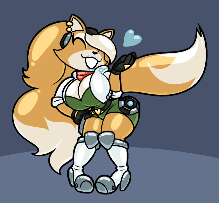 anthro big_breasts boots breasts canid canine cleavage clothed clothing crossgender ear_piercing eyes_closed female footwear fox fox_mccloud frostlock gloves hair handwear hi_res huge_breasts jacket knock-kneed latex lipstick living_latex long_hair makeup mammal mtf_crossgender nintendo piercing smile solo star_fox topwear