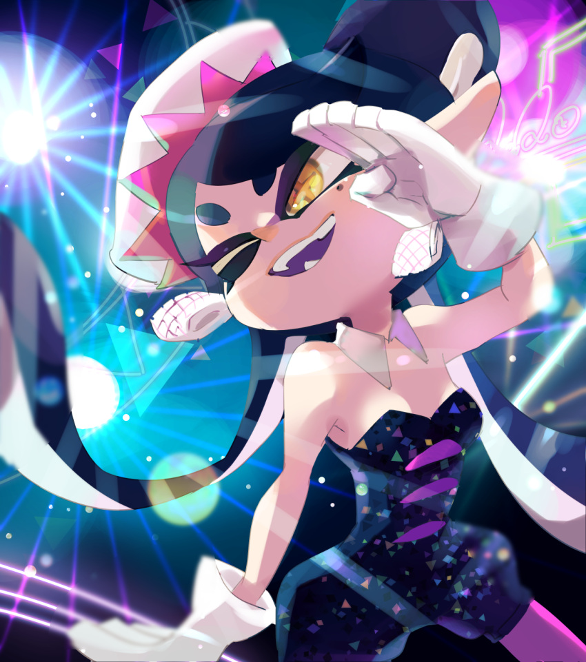 1girl ;d bare_shoulders black_hair black_jumpsuit bow-shaped_hair callie_(splatoon) detached_collar earrings food food_on_head gloves hand_up highres inkling jewelry jumpsuit koike3582 long_hair mole mole_under_eye object_on_head one_eye_closed open_mouth pantyhose pink_pantyhose pointy_ears short_jumpsuit smile solo splatoon_(series) strapless strapless_jumpsuit teeth tentacle_hair very_long_hair white_gloves yellow_eyes