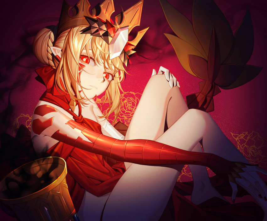 1girl absurdres bare_legs bare_shoulders blonde_hair braid chalice crown cup dragon_tail dress elbow_gloves erchongbaojun facial_mark fate/grand_order fate_(series) french_braid gloves gold_crown hair_intakes highres looking_at_viewer nero_claudius_(fate) pointed_crown pointy_ears queen_draco_(fate) queen_draco_(first_ascension)_(fate) red_dress red_eyes scales single_glove sitting tail white_gemstone white_gloves