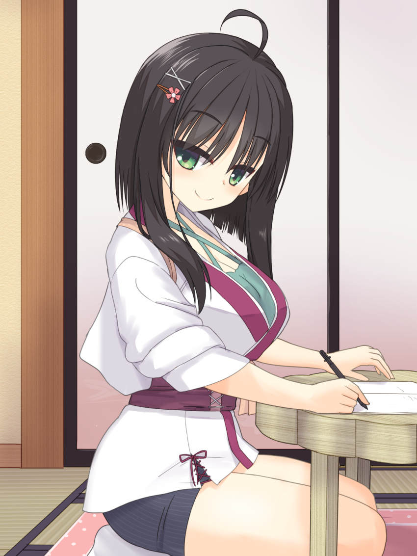 1girl ahoge black_hair blush breasts c: closed_mouth commentary_request criss-cross_halter from_side green_eyes green_shirt hair_ornament hairclip halterneck highres hitachi_mako holding holding_pen indoors japanese_clothes kimono large_breasts long_sleeves looking_at_viewer pen seiza senren_banka shirayamakoma shirt short_hair_with_long_locks short_kimono sitting sleeves_rolled_up smile solo split_mouth straight_hair tsurime white_kimono x_hair_ornament