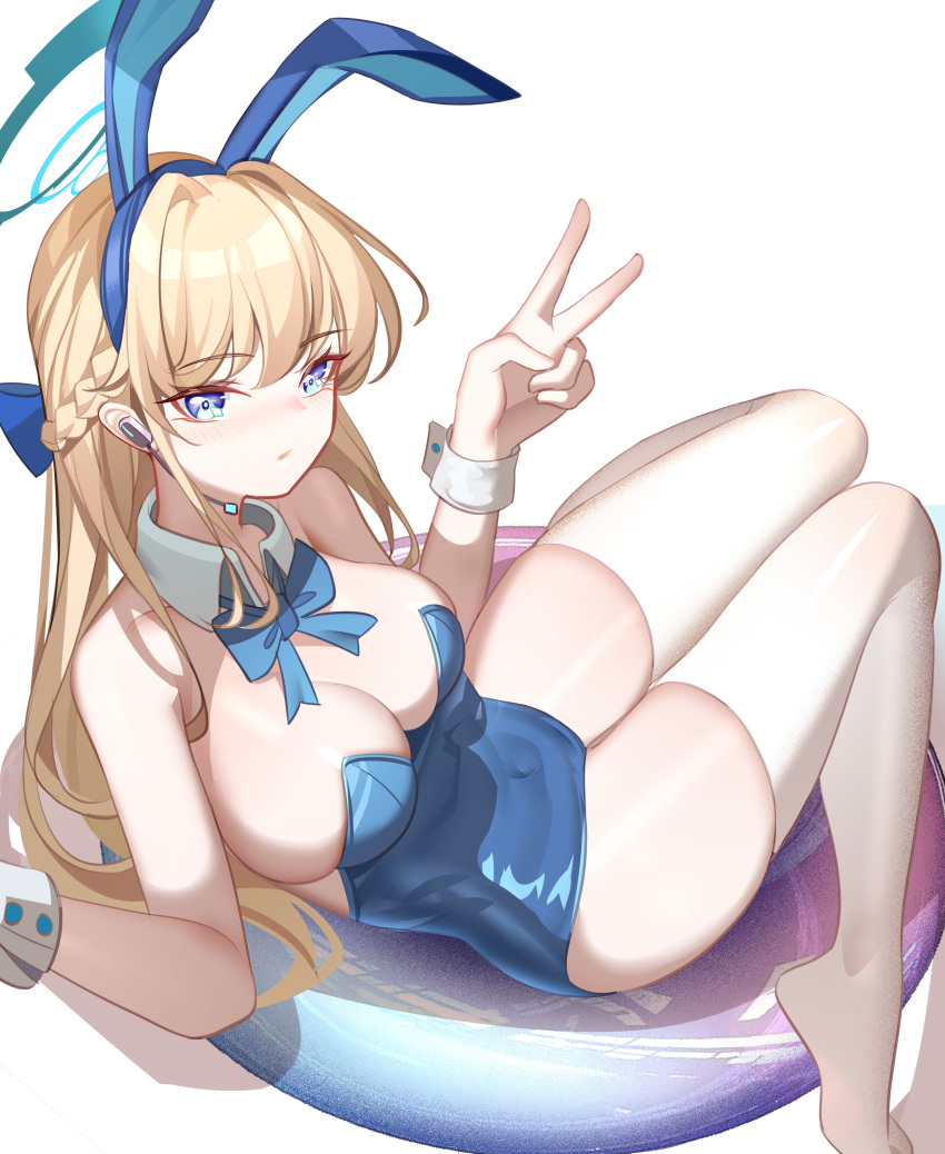 1girl absurdres animal_ears blonde_hair blue_archive blue_bow blue_bowtie blue_eyes blue_halo blue_leotard bow bowtie braid breasts cleavage closed_mouth commentary detached_collar earpiece fake_animal_ears halo highres leotard long_hair looking_at_viewer luai medium_breasts official_alternate_costume playboy_bunny rabbit_ears revision simple_background solo strapless strapless_leotard thighhighs toki_(blue_archive) toki_(bunny)_(blue_archive) v white_background white_thighhighs wrist_cuffs