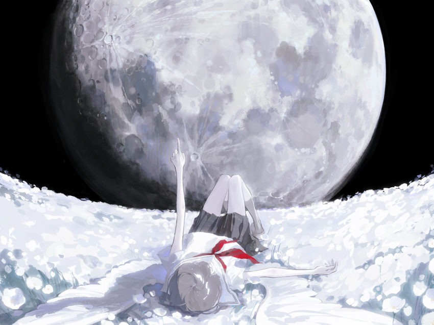 1girl angel_wings barefoot black_sky commentary_request crater field flower flower_field full_moon hidari_(nanmu-left) highres horizon lying moon moonlight neckerchief on_back original outdoors pleated_skirt pointing red_neckerchief scenery school_uniform serafuku short_sleeves skirt sky solo white_flower wings