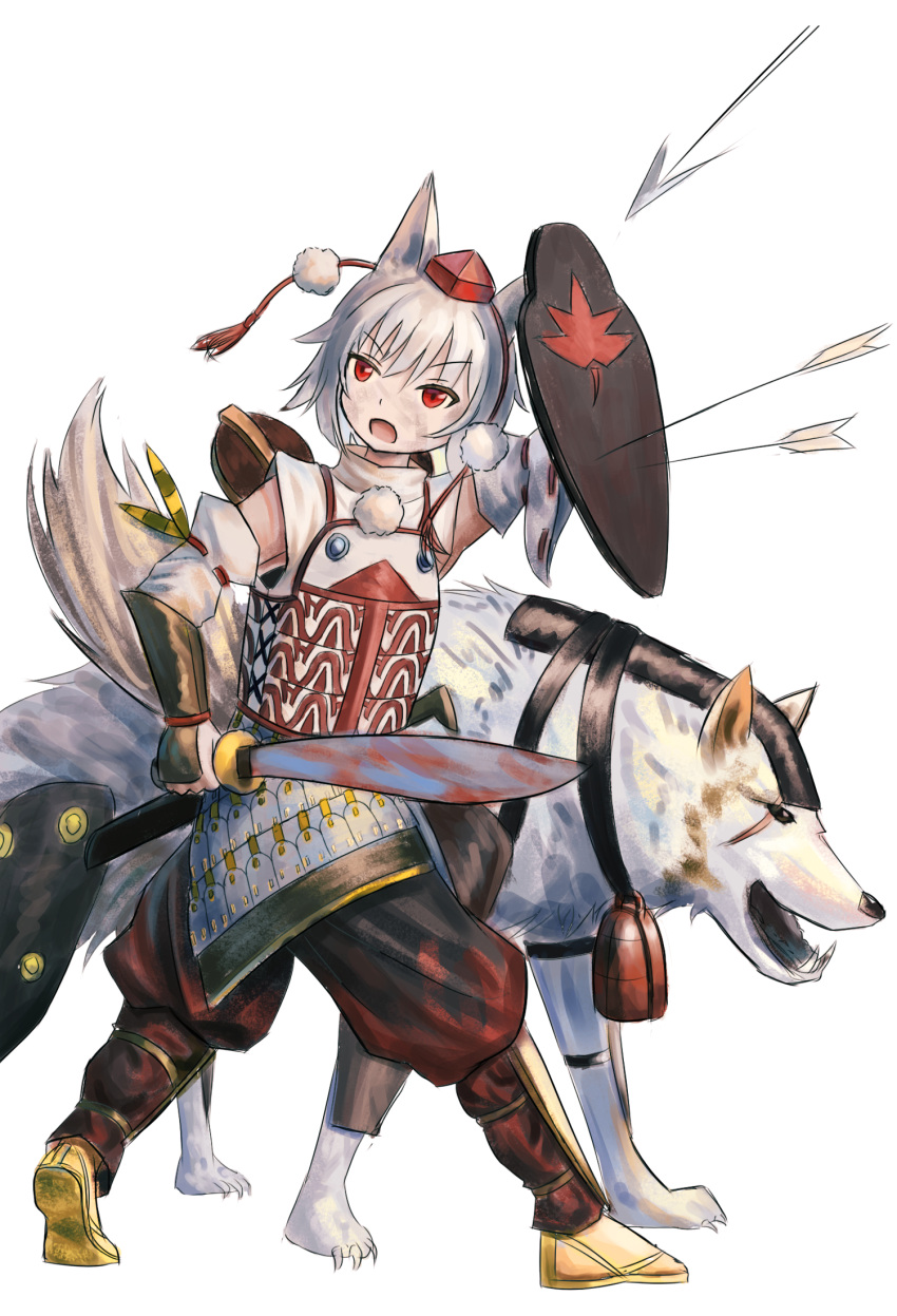 1girl animal_ears armor arrow_(projectile) breastplate commentary_request cookie_(touhou) detached_sleeves dou full_body hat highres holding holding_shield holding_sword holding_weapon inu_(cookie) inubashiri_momiji japanese_armor looking_to_the_side medium_bangs open_mouth pom_pom_(clothes) red_eyes shield shin_guards shirt short_hair simple_background sleeveless sleeveless_shirt solo suneate sword tail tihami tokin_hat touhou v-shaped_eyebrows vambraces walking weapon white_background white_hair white_shirt white_sleeves wolf wolf_ears wolf_girl wolf_tail