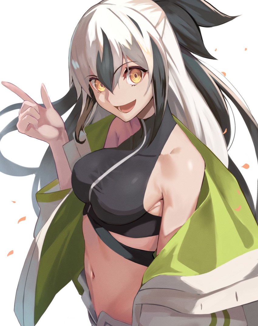 1girl :d bare_shoulders black_hair breasts coat crop_top cropped_shirt fate/grand_order fate_(series) genshu_doki green_coat green_eyes hair_between_eyes highres jacket long_hair long_sleeves looking_at_viewer midriff multicolored_clothes multicolored_coat multicolored_hair multicolored_jacket nagao_kagetora_(fate) navel off-shoulder_jacket off_shoulder open_clothes shirt shorts sleeveless smile solo striped_clothes striped_jacket two-tone_coat two-tone_hair two-tone_jacket uesugi_kenshin_(fate) uesugi_kenshin_(second_ascension)_(fate) v white_hair white_jacket white_shorts