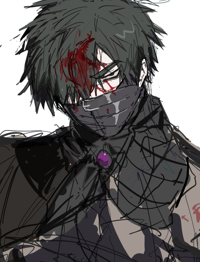 1boy ascot black_ascot black_eyes black_hair brooch brown_jacket e.g.o_(project_moon) forsaken_murderer gag gagged hair_over_one_eye highres jacket jewelry limbus_company looking_at_viewer male_focus messy_hair meursault_(project_moon) niku_0000 one_eye_covered project_moon purple_brooch simple_background solo straitjacket upper_body white_background