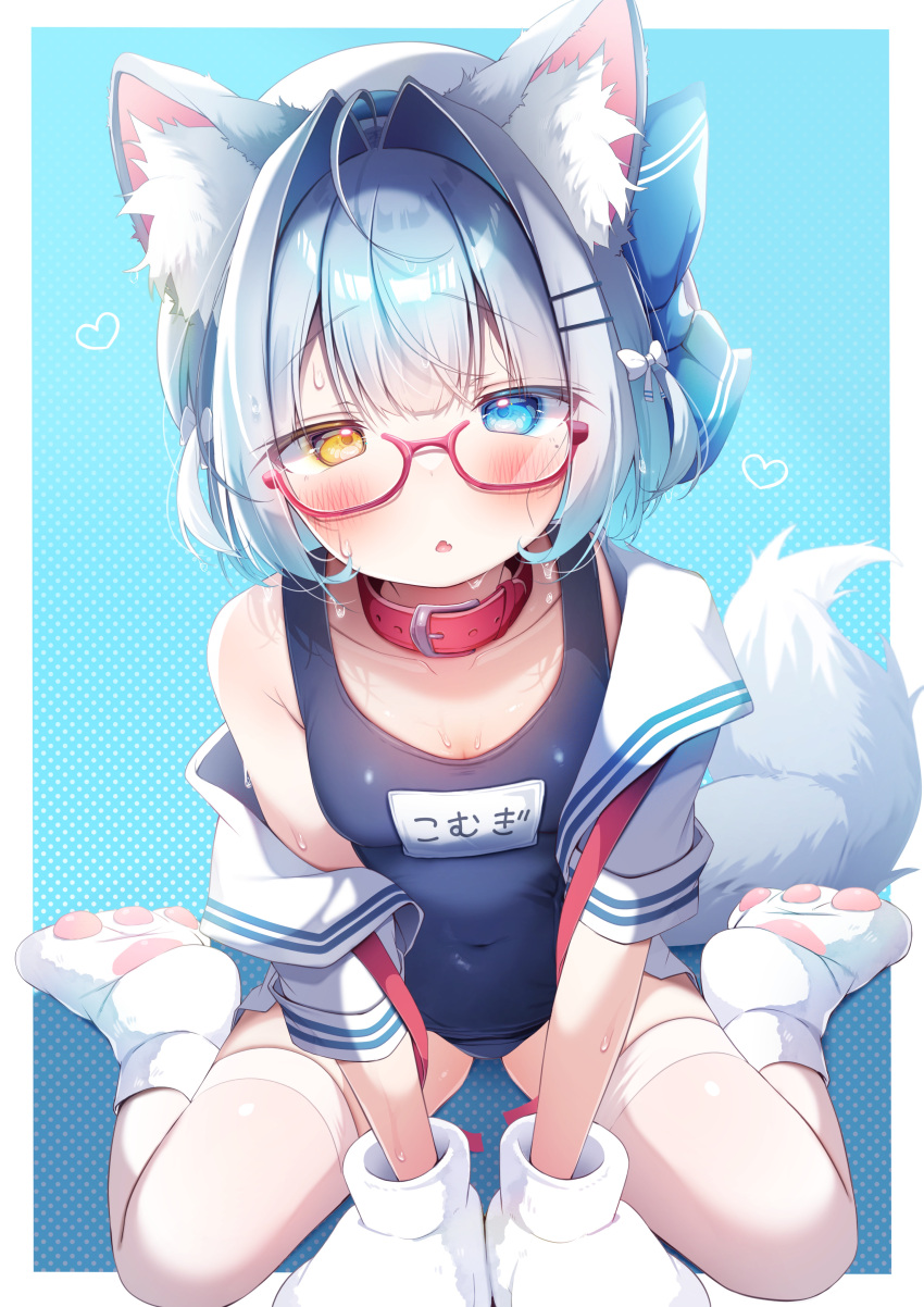 1girl absurdres ahoge animal_ear_fluff animal_ears animal_feet animal_hands blue_background blue_eyes blue_hair blue_one-piece_swimsuit blush bow collar glasses hair_bow hair_ornament hairclip heterochromia highres komugi_(2212) looking_at_viewer medium_hair one-piece_swimsuit open_mouth original red-framed_eyewear school_swimsuit school_uniform serafuku simple_background sitting solo swimsuit tail thighhighs wariza white_thighhighs yellow_eyes