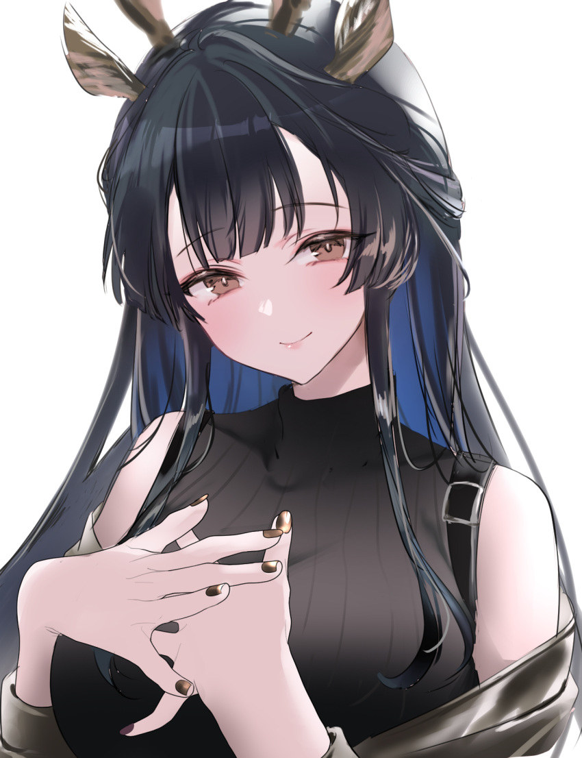 1girl arknights bare_shoulders black_hair black_nails brown_eyes commentary highres long_hair looking_at_viewer nail_polish own_hands_together raramente simple_background sleeveless sleeveless_turtleneck smile solo tsukinogi_(arknights) turtleneck upper_body white_background