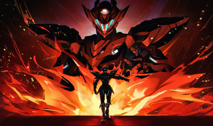 1other armor artist_name breastplate facing_viewer faulds fire full_armor full_body gauntlets glowing glowing_armor glowing_headgear greaves helmet highres honkai:_star_rail honkai_(series) mecha multiple_views nerevi other_focus outstretched_arm pauldrons robot sam_(honkai:_star_rail) shoulder_armor solo upper_body vambraces white_armor wide_shot