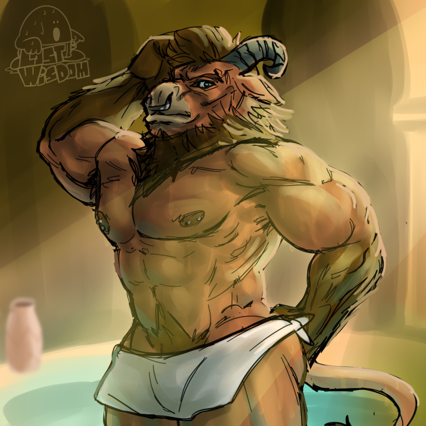 anthro bath bathhouse bovid bovine cattle european_mythology facial_piercing greek_mythology hi_res horn looking_at_viewer lostwisdom male mammal minotaur muscular muscular_male mythology nipple_piercing nipples nose_piercing piercing pose simple_background solo towel towel_only