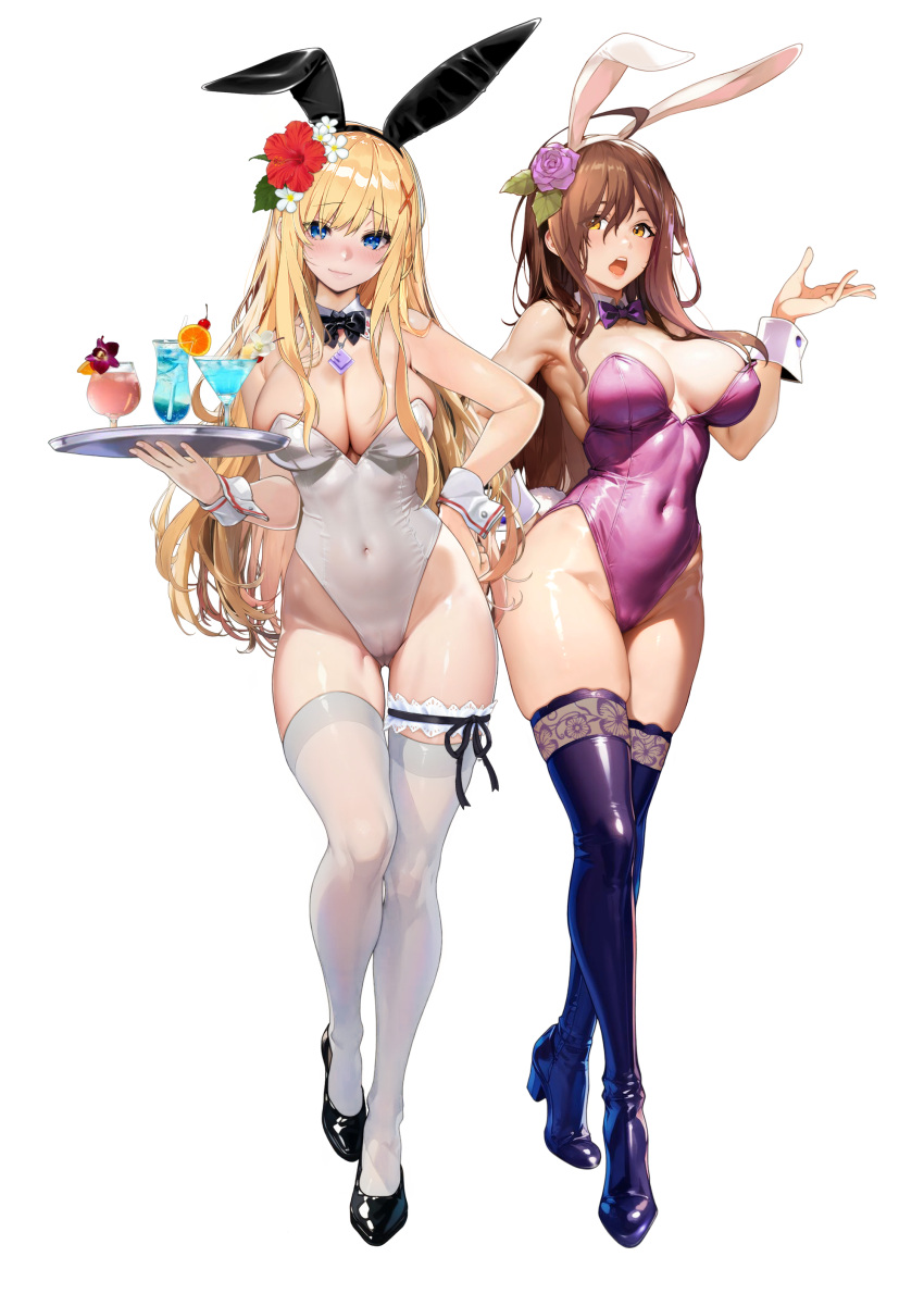 2girls absurdres animal_ears armpits ass_visible_through_thighs ayase_shichikai bare_shoulders black_bow black_bowtie black_footwear blonde_hair blue_eyes blush boots bow bowtie breasts breasts_apart brown_eyes brown_hair cameltoe chamomile cleavage closed_mouth collar covered_navel cup darkness_(konosuba) detached_collar drinking_glass eyes_visible_through_hair fake_animal_ears flower full_body groin hair_flower hair_ornament hand_up highleg highleg_leotard highres holding holding_tray jewelry kono_subarashii_sekai_ni_shukufuku_wo! large_breasts leotard long_hair looking_at_viewer multiple_girls necklace open_mouth playboy_bunny poppy_(flower) purple_bow purple_bowtie purple_flower purple_leotard purple_rose rabbit_ears red_flower rose shoes simple_background standing strapless strapless_leotard thigh_boots thigh_strap thighhighs thighhighs_under_boots thighs traditional_bowtie tray white_background white_collar white_flower white_leotard white_thighhighs white_wrist_cuffs wiz_(konosuba) wrist_cuffs x_hair_ornament