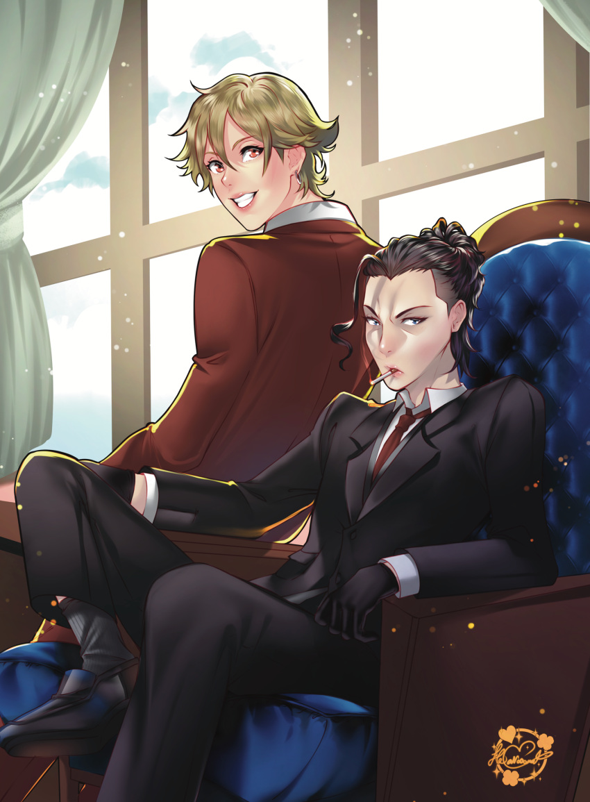 2boys black_footwear black_gloves black_pants black_suit blonde_hair buddy_daddies chair cigarette curtains earrings gloves grey_socks hair_up hano0onat highres indoors jewelry kurusu_kazuki long_sleeves male_focus medium_hair multiple_boys pants red_eyes red_suit sitting smile smoking socks suit suwa_rei window