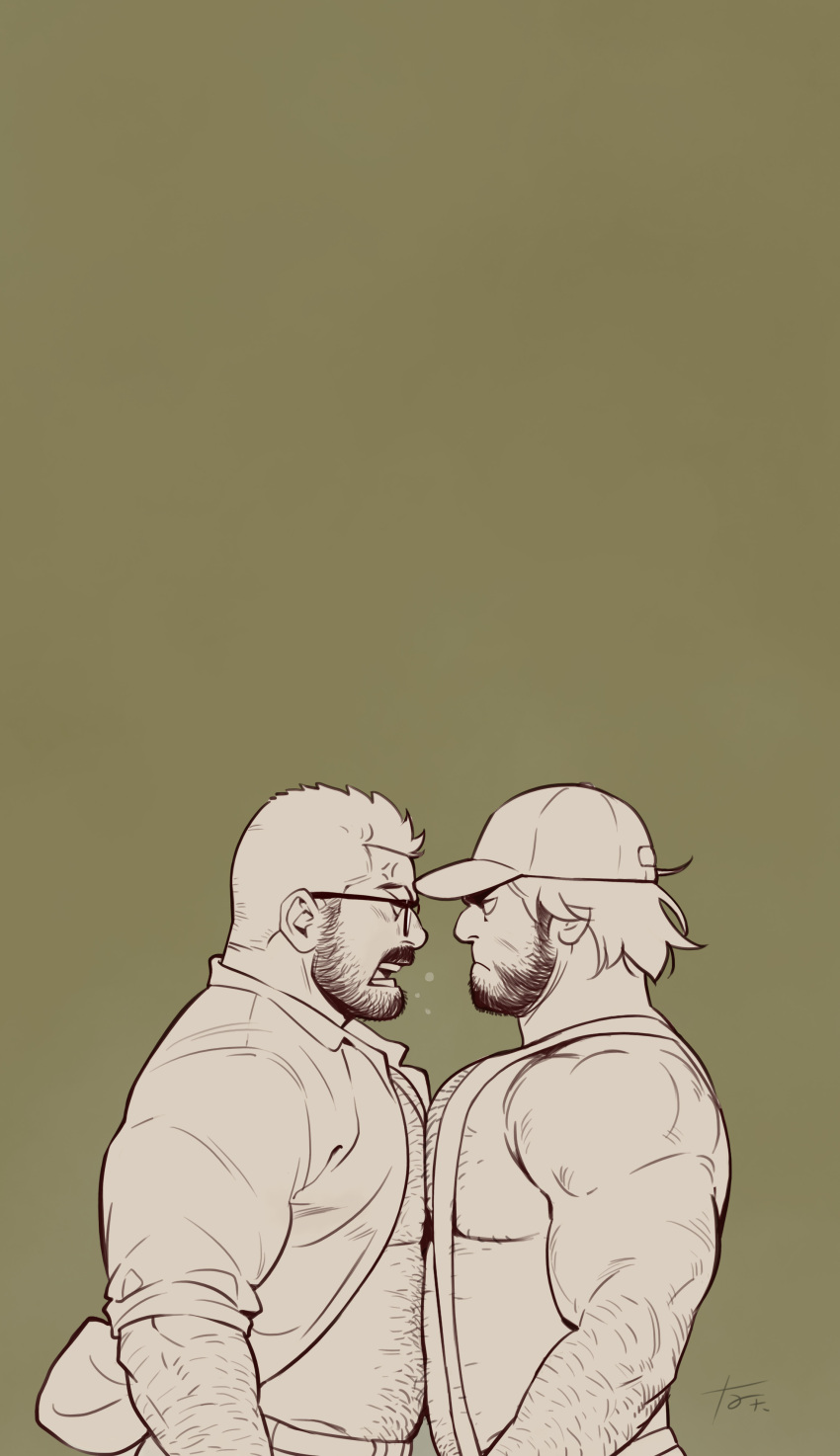 2boys absurdres bara bare_pectorals baseball_cap closed_mouth facial_hair glasses green_background hat highres large_pectorals looking_at_another male_focus multiple_boys muscular muscular_male nipples open_clothes open_mouth open_shirt original pectorals shirt short_hair simple_background suspenders youtian_(youtiange)