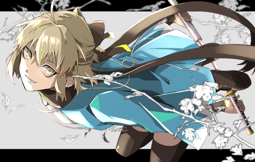 1girl ahoge bent_over black_bow black_scarf blonde_hair bow fate/grand_order fate_(series) hair_between_eyes hair_bow haori highres holding holding_sword holding_weapon japanese_clothes katana kimono looking_at_viewer okita_souji_(fate) okita_souji_(koha-ace) parted_lips scarf sheath shinsengumi short_hair sidelocks signature smile solo sword thighhighs ttmaru_1739 unsheathing weapon white_kimono yellow_eyes