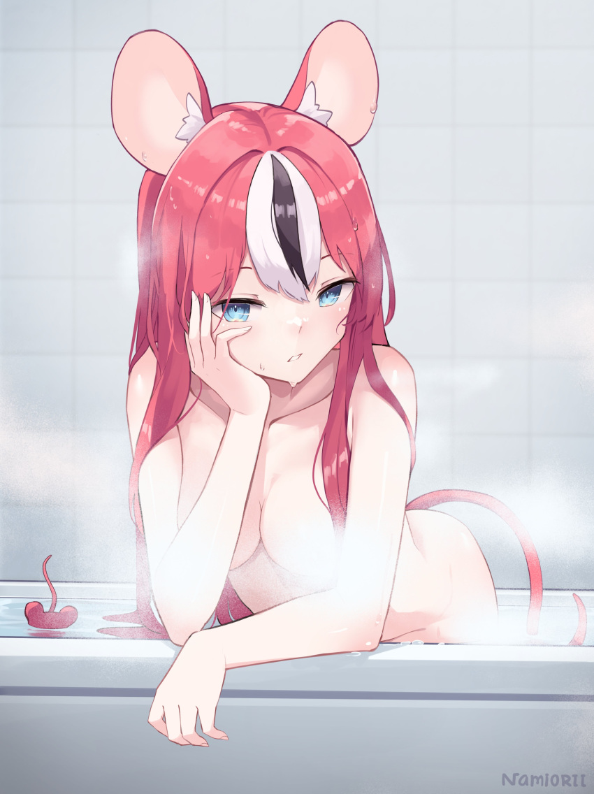 1girl 1other absurdres animal_ear_fluff animal_ears ass bathroom bathtub black_hair blue_eyes breasts collarbone convenient_censoring hakos_baelz hand_on_own_face highres hololive hololive_english large_breasts light_blush long_hair looking_down mouse_ears mouse_tail mr._squeaks_(hakos_baelz) multicolored_hair namiorii nude open_mouth red_hair shoulder_blush steam steam_censor streaked_hair tail teeth tiles wet white_hair