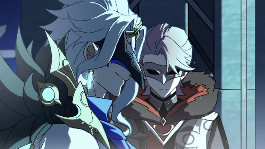 2boys ascot blue_ascot blue_hair blue_shirt chinese_commentary closed_mouth coat collared_shirt commentary_request covered_eyes dottore_(genshin_impact) earrings eye_mask fatui_agent_(genshin_impact) feather_trim frown fur-trimmed_hood fur_trim genshin_impact grey_hair highres hood hood_down hooded_coat jewelry male_focus mask medium_hair mojiuxuan multiple_boys parted_bangs profile serious shirt short_hair sidelocks smile upper_body white_coat