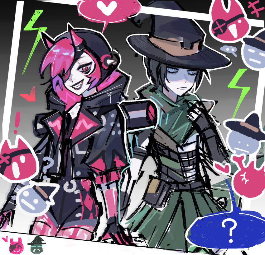 ! 2girls ? apex_legends black_gloves black_hair black_jacket black_lips blue_eyes chinese_commentary cyber_punked_wattson emerald_enchantress_wraith eyepatch fingerless_gloves frown gloves green_scarf green_skirt hat heart highres hood hood_down hooded_jacket horns jacket mechanical_arms mechanical_legs multiple_girls official_alternate_costume parted_lips pink_eyes san_chuo_chuan scarf shaded_face short_hair sketch skirt smile speech_bubble spoken_heart spoken_question_mark wattson_(apex_legends) witch_hat wraith_(apex_legends)