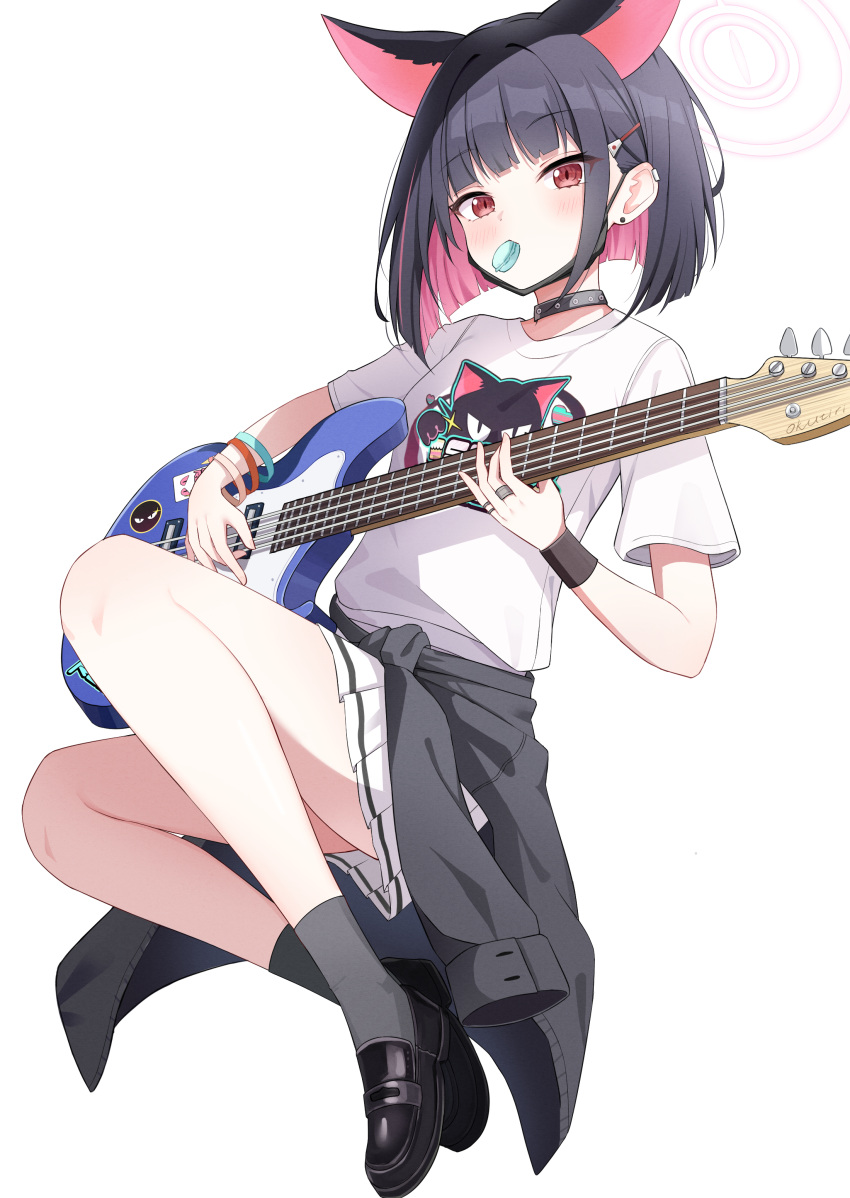 1girl absurdres animal_ears bass_guitar black_collar black_footwear black_hair black_wristband blue_archive blush breasts cat_ears collar commentary earclip earrings extra_ears exusiai_dust food food_in_mouth full_body grey_socks halo highres holding holding_instrument instrument jewelry kazusa_(band)_(blue_archive) kazusa_(blue_archive) legs loafers looking_at_viewer macaron mouth_hold multiple_rings music official_alternate_costume pink_hair pink_halo playing_instrument pleated_skirt red_eyes ring shirt shoes short_hair short_sleeves simple_background skirt small_breasts socks solo stud_earrings white_background white_shirt white_skirt