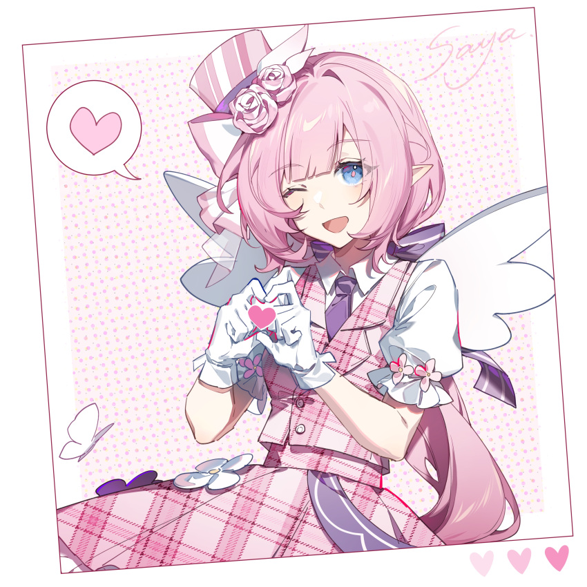 1girl ;d absurdres artist_name blue_eyes border bug butterfly collared_shirt elysia_(honkai_impact) flower gloves hat heart heart_hands highres honkai_(series) honkai_impact_3rd long_hair mini_hat necktie one_eye_closed open_mouth pink_flower pink_hair pink_pupils pink_rose pink_skirt pink_theme pink_vest pointy_ears polka_dot polka_dot_background puffy_short_sleeves puffy_sleeves purple_necktie rose saya_atang shirt short_sleeves skirt smile solo spoken_heart top_hat vest white_gloves white_shirt wings