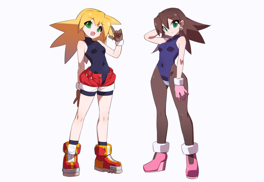 2girls black_bodysuit black_leotard black_pantyhose blonde_hair bodysuit boots breasts brown_gloves brown_hair covered_collarbone covered_navel crotch_plate earrings full_body gloves green_eyes jewelry kaidou_zx leotard looking_at_viewer medium_hair mega_man_(series) mega_man_legends_(series) multiple_girls pantyhose pink_gloves red_footwear red_shorts roll_caskett_(mega_man) shorts simple_background skull_earrings small_breasts standing tron_bonne_(mega_man) white_background