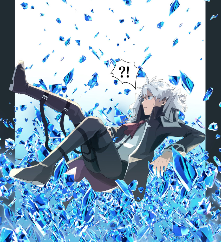 !? 1boy armor ascot black_coat blue_eyes charles-henri_sanson_(fate) coat collared_jacket crystal fate/grand_order fate_(series) grey_hair hair_between_eyes high_collar highres jacket leg_belt long_coat long_sleeves lying male_focus on_back open_clothes open_jacket red_ascot shirt shoes short_hair shoulder_armor signature solo speech_bubble sweatdrop ttmaru_1739 white_hair