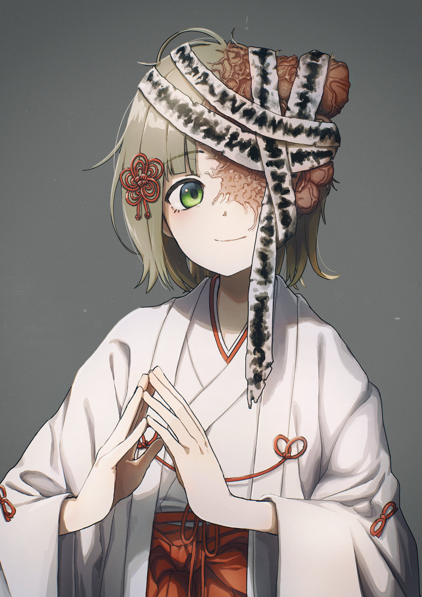 1girl absurdres bandaged_head bandages body_horror brown_hair chihaya_(clothing) closed_mouth commentary_request disfigured flesh flower_knot green_eyes grey_background hair_ornament hakama highres japanese_clothes kareido_(kaleidoscope) kimono long_sleeves looking_at_viewer miko missing_eye original own_hands_together red_hakama short_hair simple_background smile solo steepled_fingers upper_body white_kimono