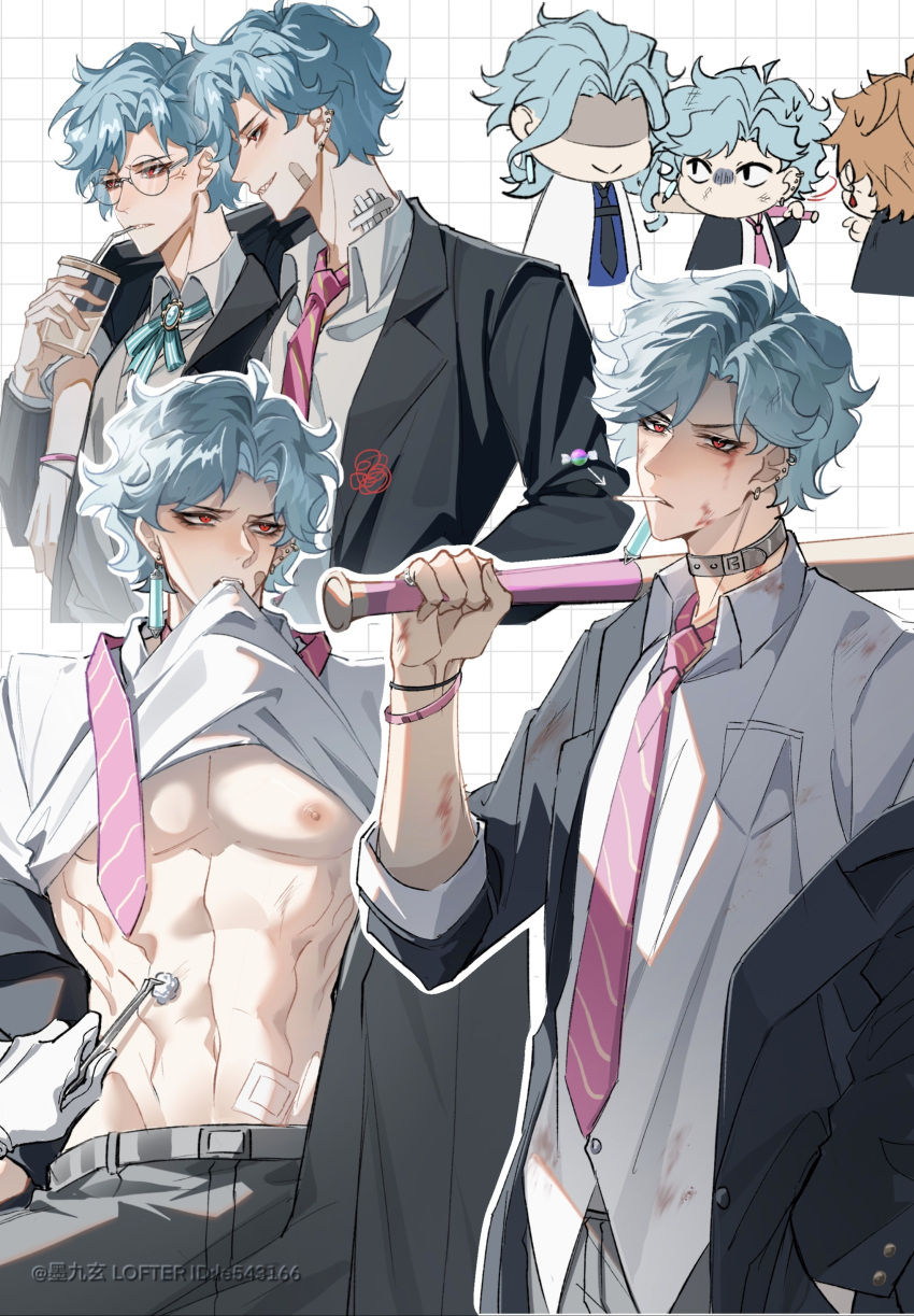 4boys abs absurdres anger_vein aqua_gemstone aqua_ribbon arm_around_shoulder arrow_(symbol) artist_name averting_eyes bandaid bandaid_on_cheek bandaid_on_face bandaid_on_neck bandaid_on_stomach baseball_bat belt black_jacket black_necktie blue_hair blue_shirt bracelet breast_pocket brooch candy chibi chinese_commentary clothes_lift collared_shirt commentary_request cotton_ball cup diagonal-striped_clothes diagonal-striped_necktie disposable_cup dottore_(genshin_impact) drinking_straw ear_piercing earrings fangs food food_in_mouth gem genshin_impact glasses gloves grey_belt grey_pants grey_sweater_vest grid_background grin hand_in_pocket hand_up highres holding holding_baseball_bat holding_cup holding_tweezers jacket jewelry lapels lifted_by_self lofter_username lollipop long_sleeves looking_at_another looking_at_viewer male_focus mojiuxuan mouth_hold multiple_boys multiple_views navel neck_ribbon necktie necktie_over_shoulder nipples off_shoulder open_clothes open_jacket orange_hair pants parted_bangs parted_lips pectorals piercing pink_necktie pocket red_eyes ribbon ring round_eyewear school_uniform scratches serious shaded_face sharp_teeth shirt shirt_lift short_hair simple_background single_earring smile squiggle stomach striped_clothes sweater_vest tartaglia_(genshin_impact) teeth turn_pale turning_head tweezers untucked_shirt v-shaped_eyebrows white_background white_gloves white_shirt wing_collar