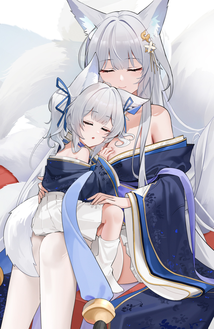 2girls absurdres animal_ear_fluff animal_ears azur_lane bare_shoulders blue_kimono blue_ribbon breasts cleavage closed_eyes facing_viewer feet_out_of_frame fingernails fox_ears fox_girl fox_tail grey_hair hair_ornament hair_ribbon hand_on_another's_back hand_on_another's_chest highres japanese_clothes kimono long_hair mole mole_under_eye multiple_girls multiple_tails off_shoulder qing_wu ribbon shinano-chan_(azur_lane) shinano_(azur_lane) sitting sitting_on_lap sitting_on_person skirt sleeping smile socks tail thighhighs twintails white_skirt white_socks white_thighhighs wide_sleeves