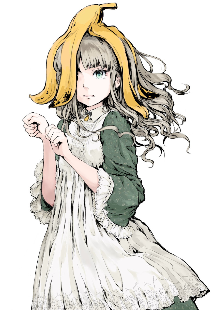 1girl banana_peel dress embarrassed frilled_dress frills green_dress green_eyes grey_hair highres long_hair looking_afar original parted_lips simple_background solo standing two-tone_dress white_background white_dress yuki_(rebruno)