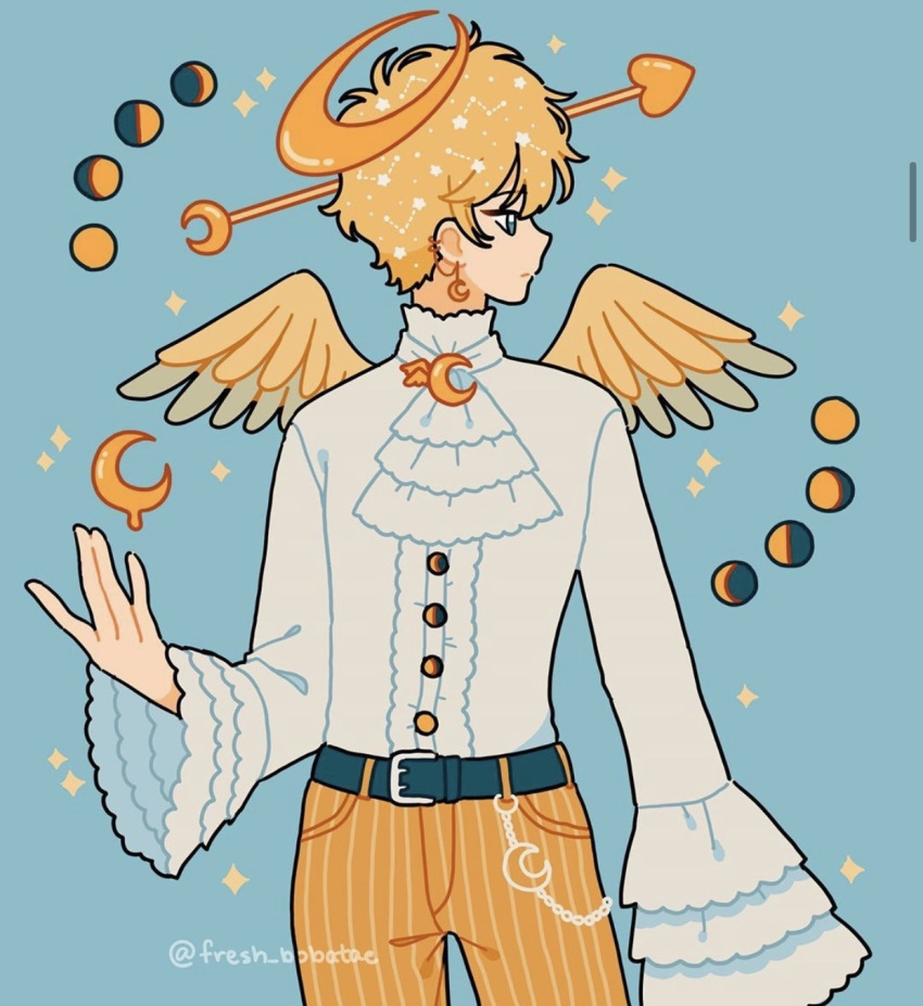 1boy angel angel_wings arrow_(projectile) arrow_in_head ascot belt belt_chain blonde_hair blue_background blue_belt blue_eyes constellation crescent crescent_earrings crescent_halo crescent_moon crescent_pin earrings emily_kim frilled_ascot frilled_sleeves frills halo heart heart_arrow highres jewelry looking_to_the_side male_focus moon moon_phases object_through_head original pants pinstripe_pants pinstripe_pattern shirt simple_wings solo sparkle twitter_username white_ascot white_shirt wide_sleeves wings yellow_halo yellow_pants yellow_wings