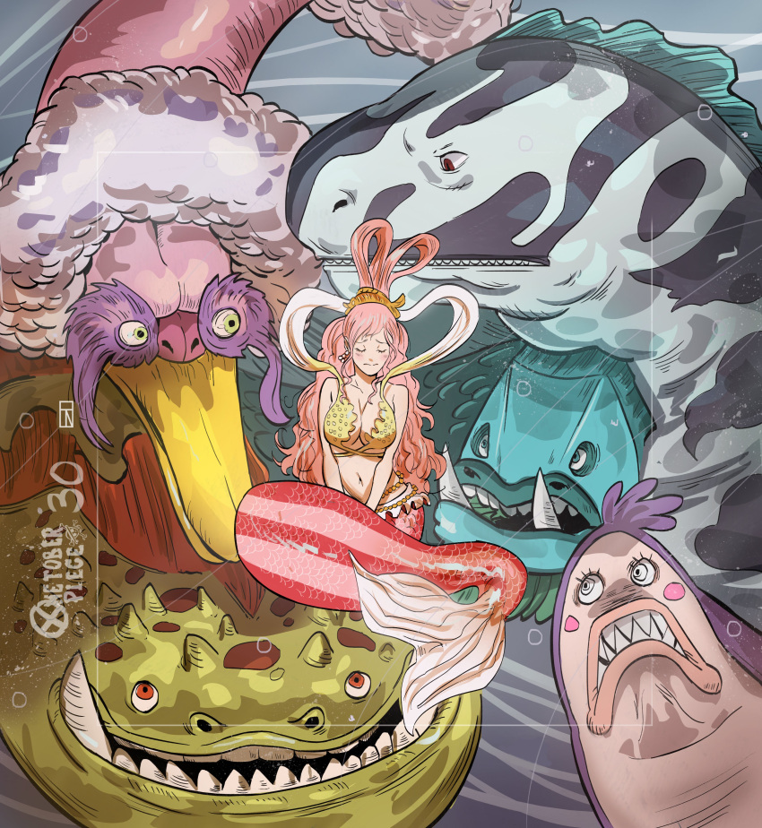 1girl absurdres bikini blush_stickers bubble closed_eyes copyright_name english_commentary fish fish_hair_ornament hagoromo hair_ornament half_updo highres iago_fn long_hair looking_at_another mermaid monster monster_girl one_piece pink_hair sea_king_(one_piece) sharp_teeth shawl shirahoshi swimsuit teeth tusks underwater very_long_hair yellow_bikini