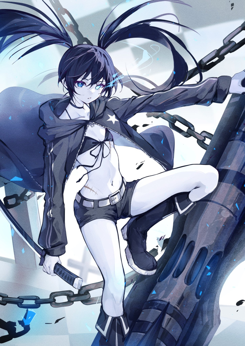 1girl belt bikini black_bikini black_footwear black_hair black_jacket black_rock_shooter black_rock_shooter_(character) black_shorts black_tank_top blue_fire cannon chain colored_skin fire flaming_eye highres jacket katana long_hair multiple_scars murumuru_(pixiv51689952) scar shorts solo swimsuit sword tank_top twintails weapon