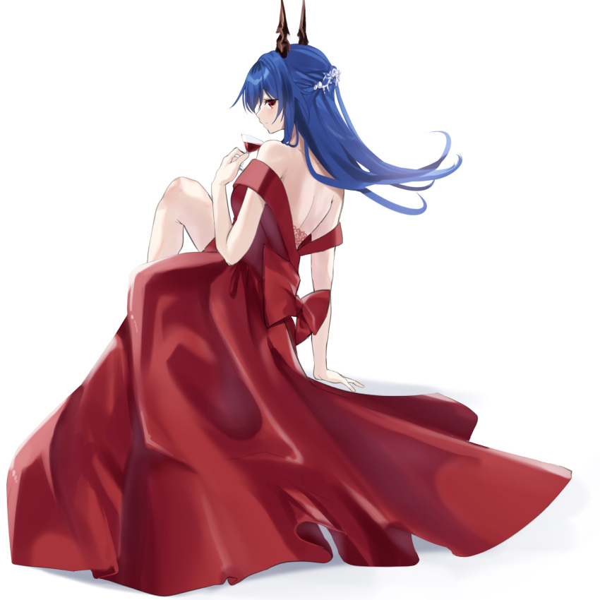 1girl arknights backless_dress backless_outfit bare_shoulders blue_hair ch'en_(arknights) commentary dragon_horns dress hand_up highres horns knee_up lily0428 long_hair off-shoulder_dress off_shoulder red_dress short_sleeves simple_background sitting solo white_background
