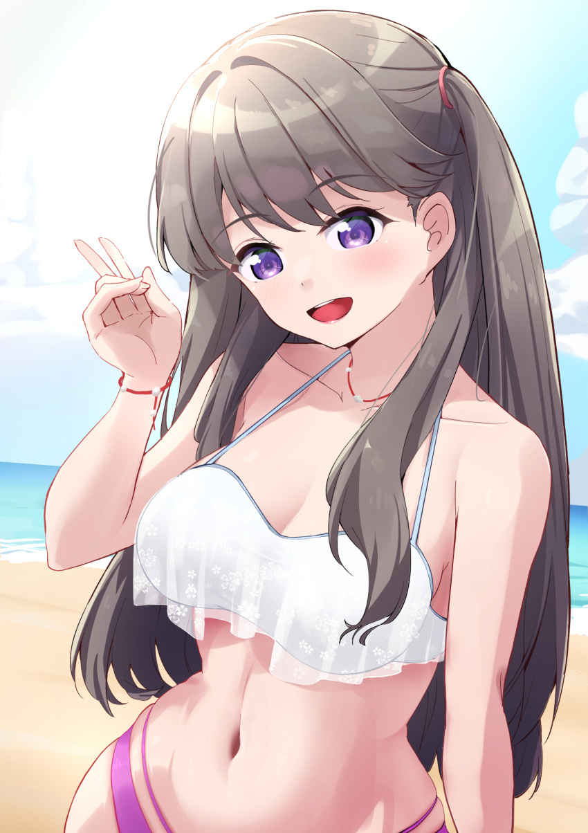 1girl :d beach bikini blue_sky blush breasts brown_hair cleavage collarbone fujishima_megumi highres large_breasts layered_bikini link!_like!_love_live! long_hair looking_at_viewer love_live! mismatched_bikini navel official_alternate_costume open_mouth parisnoko purple_bikini purple_eyes sky smile solo stomach swimsuit teeth toned toned_female two_side_up upper_body upper_teeth_only v virtual_youtuber white_bikini