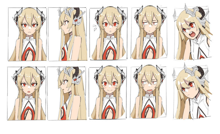 1girl artist_request bare_shoulders blonde_hair blush breasts clothing_cutout concept_art dragon_girl dragon_horns english_commentary expressions godgear_ragdrahod highres horns leotard long_hair looking_at_viewer looking_to_the_side mechanical_horns multiple_views open_mouth profile red_eyes second-party_source serious sketch small_breasts smile stomach_cutout surprised very_long_hair