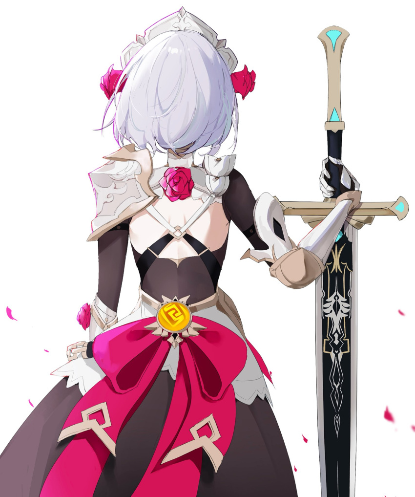 1girl armor back chain dress favonius_greatsword_(genshin_impact) flower from_behind gauntlets genshin_impact grey_hair hair_flower hair_ornament highres holding holding_sword holding_weapon maid maid_headdress nirako_mona noelle_(genshin_impact) red_flower red_rose rose short_hair shoulder_armor simple_background solo sword vision_(genshin_impact) weapon white_background