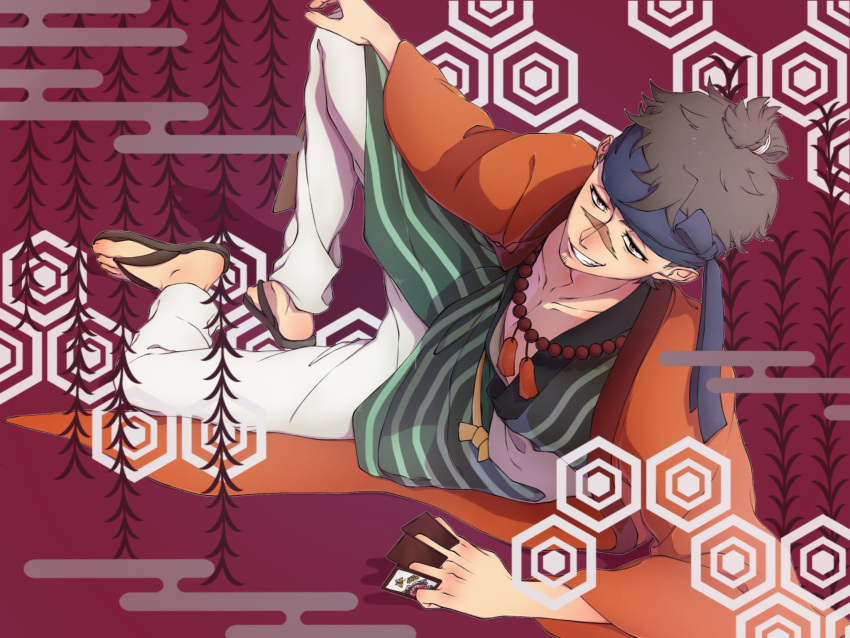 1boy blue_headband brown_eyes brown_hair card egasumi facial_hair hand_on_own_knee headband highres japanese_clothes jewelry kimono knee_up lying male_focus necklace on_side pants playing_card revenger sandals scar scar_on_face scar_on_nose sisi07612 solo souji_(revenger) stubble white_pants