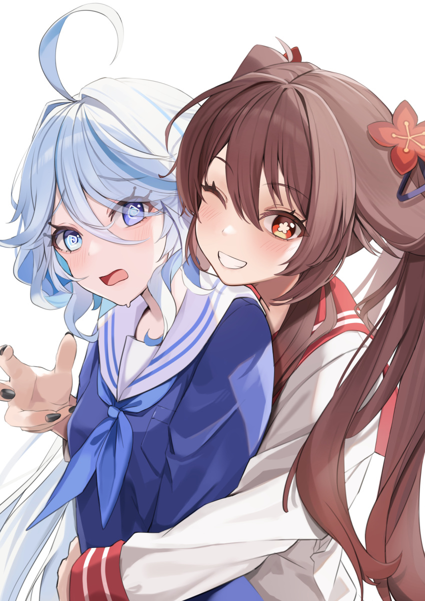 2girls @_@ absurdres alternate_costume black_nails blue_eyes blue_hair blue_serafuku blush brown_hair flower-shaped_pupils furina_(genshin_impact) genshin_impact hair_between_eyes hair_ornament heterochromia highres hu_tao_(genshin_impact) hug hug_from_behind long_hair long_sleeves looking_at_viewer multicolored_hair multiple_girls neckerchief one_eye_closed open_mouth red_eyes red_neckerchief school_uniform serafuku simple_background smile symbol-shaped_pupils twintails upper_body white_background white_hair white_serafuku yutoriko_(candy0905)