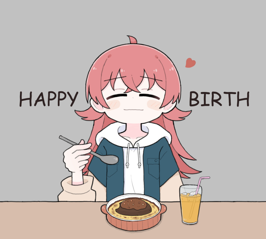 1girl ^_^ ahoge blush closed_eyes drink drinking_straw facing_viewer hamburger_steak happy_birthday heart holding holding_spoon hood hoodie idolmaster idolmaster_shiny_colors komiya_kaho red_hair roozuka smile solo spoon white_hoodie