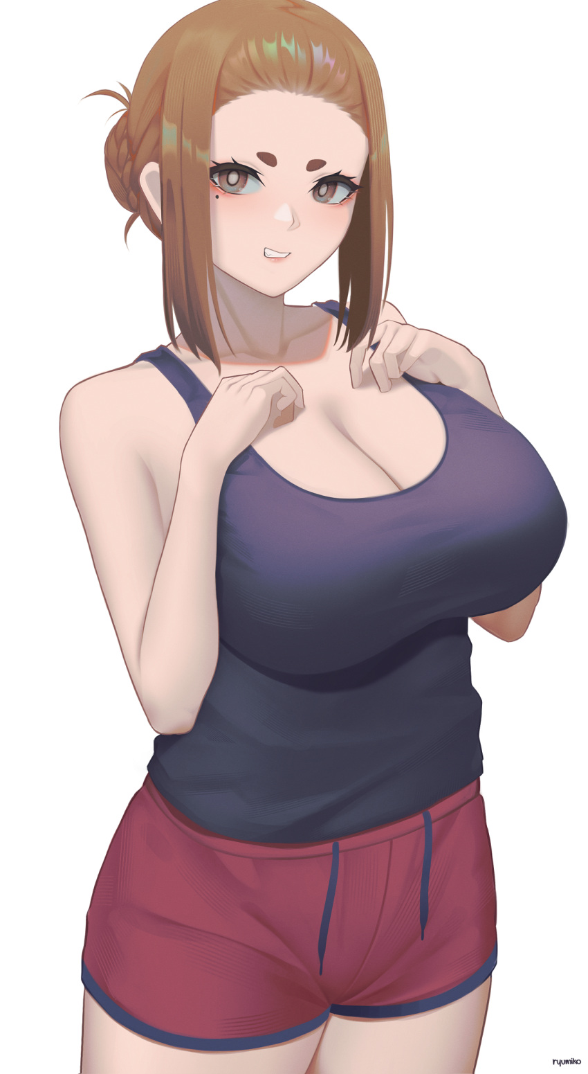 1girl artist_name black_tank_top braid breasts brown_hair cleavage collarbone cowboy_shot eyeliner hair_bun hands_on_own_chest highres kaii_to_otome_to_kamigakushi large_breasts makeup medium_hair mole mole_under_eye ogawa_sumireko parted_lips red_eyeliner red_shorts ryumikooo shorts sidelocks simple_background smile solo tank_top thick_eyebrows variant_set white_background