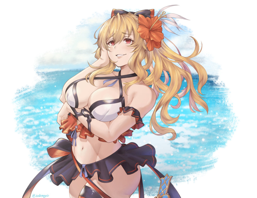 1girl beach bikini breasts cleavage granblue_fantasy hand_on_own_face highres isabongos looking_at_viewer midriff navel skirt swimsuit thighhighs vira_(granblue_fantasy)