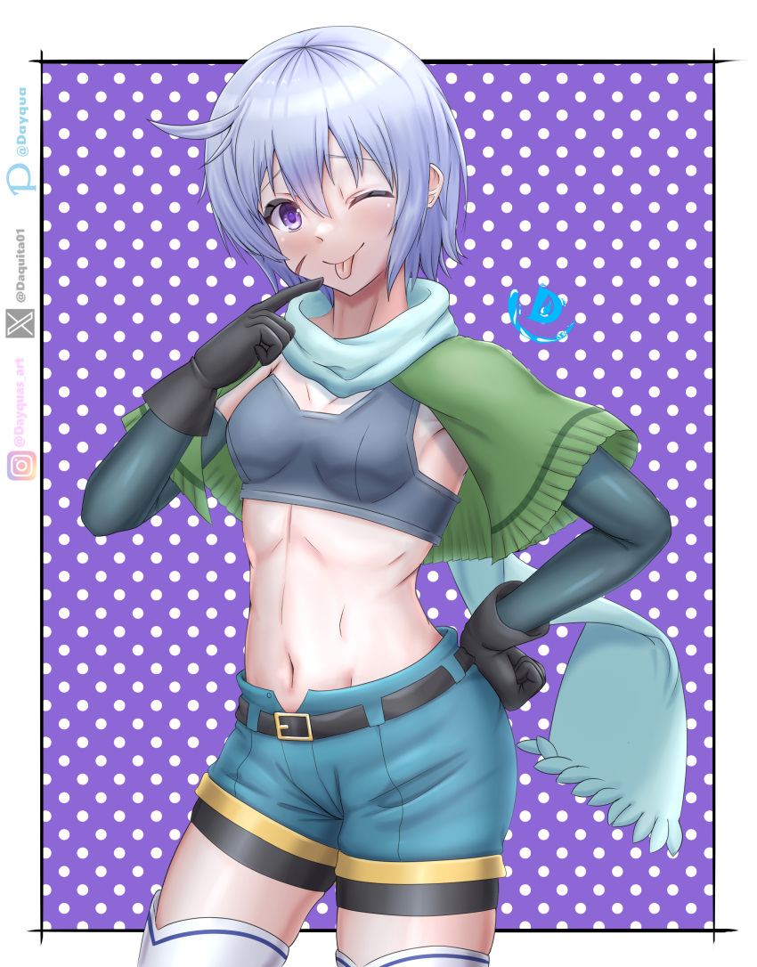 1girl absurdres aqua_scarf aqua_shorts arm_warmers armpits artist_logo bandeau belt bike_shorts bike_shorts_under_shorts black_bandeau black_belt black_gloves breasts capelet chris_(konosuba) clip_studio_paint_(medium) commentary cowboy_shot dayqua gloves green_capelet grey_hair hair_between_eyes hand_on_own_hip highres index_finger_raised instagram_username kono_subarashii_sekai_ni_shukufuku_wo! looking_at_viewer midriff navel one_eye_closed pixiv_username polka_dot polka_dot_background purple_background purple_eyes scar scar_on_cheek scar_on_face scarf short_hair short_shorts shorts sidelocks small_breasts smile solo standing thighhighs tongue tongue_out twitter_username white_thighhighs