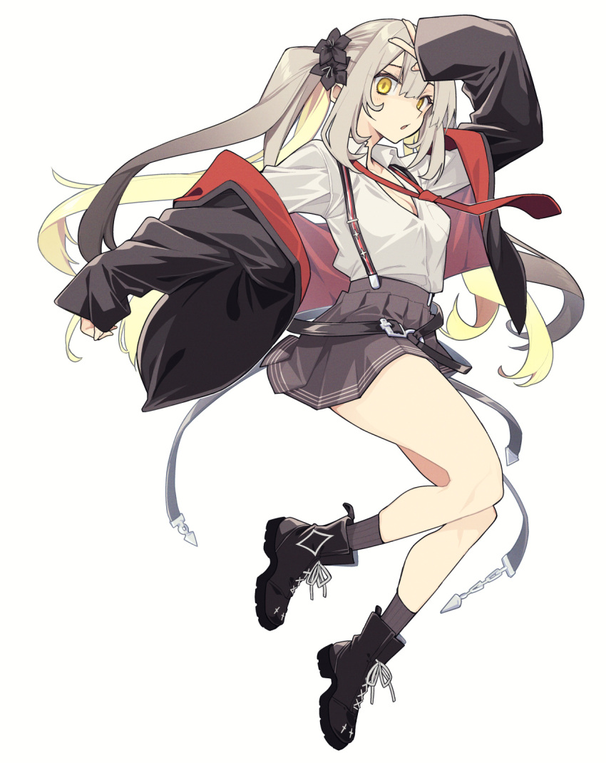 10mo 1girl belt black_belt black_flower black_jacket black_skirt blonde_hair breasts cleavage colored_inner_hair fate/grand_order fate_(series) flower full_body gradient_hair grey_hair hair_between_eyes hair_flower hair_ornament highres jacket long_hair long_sleeves looking_at_viewer marie_antoinette_(alter)_(fate) marie_antoinette_(alter)_(first_ascension)_(fate) marie_antoinette_(fate) medium_breasts multicolored_hair necktie official_alternate_costume open_mouth pleated_skirt red_necktie school_uniform shirt sidelocks simple_background skirt solo suspenders thighs twintails two-sided_fabric two-sided_jacket two_side_up white_background white_hair white_shirt yellow_eyes