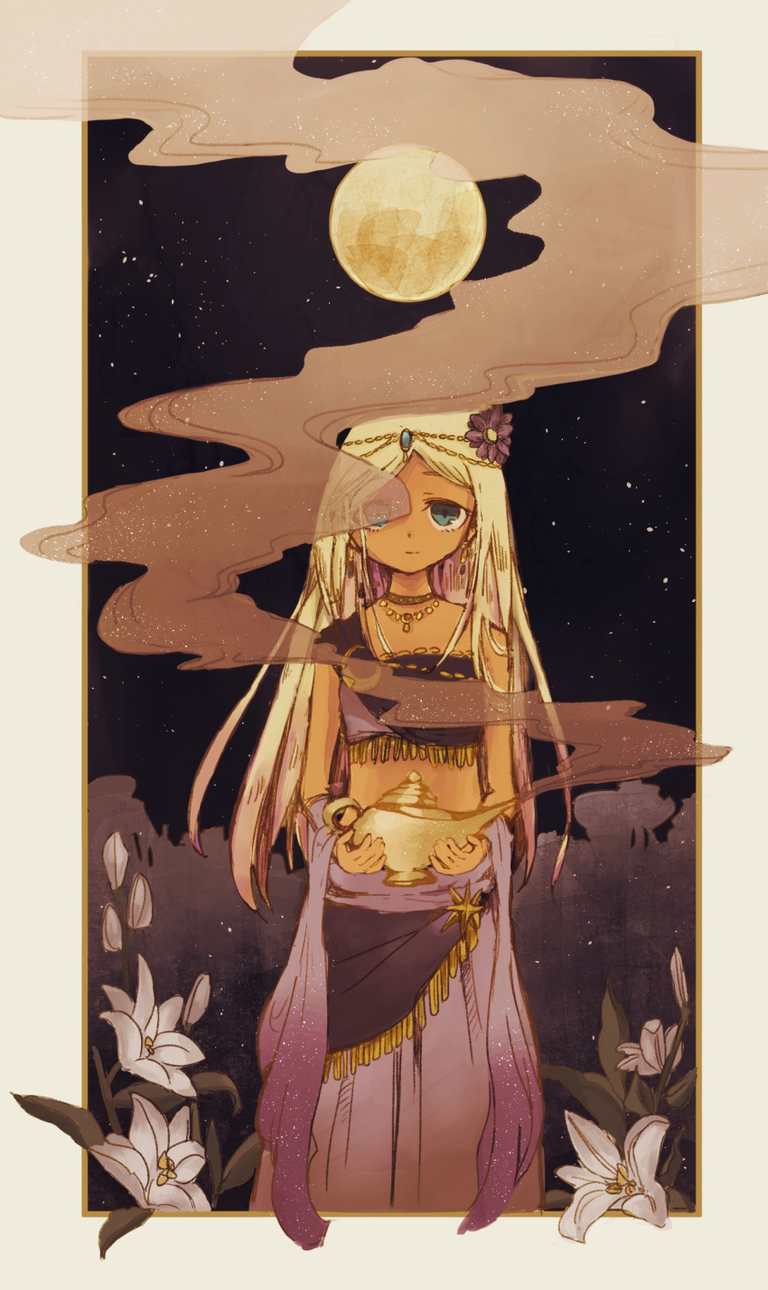 1girl :| arabian_clothes blonde_hair blue_eyes closed_mouth dark-skinned_female dark_skin earrings flower full_moon hair_flower hair_ornament harem_outfit head_chain highres holding idolmaster idolmaster_cinderella_girls jewelry kabosa_de layla_(idolmaster) lily_(flower) long_hair moon necklace night night_sky oil_lamp sky smoke smoke_trail solo