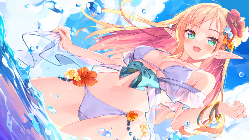 1girl :d aqua_eyes bikini blonde_hair blue_sky blush breasts bucchake_(asami) cloud commentary_request commission dutch_angle elf floating_hair flower from_below gold_bracelet hair_flower hair_ornament iris_mysteria! long_hair looking_at_viewer medium_breasts multiple_bracelets open_mouth orange_flower pointy_ears red_flower see-through sidelocks skeb_commission sky smile solo straight_hair swept_bangs swimsuit tissesaare_stuka_machulfka wading water_drop white_bikini